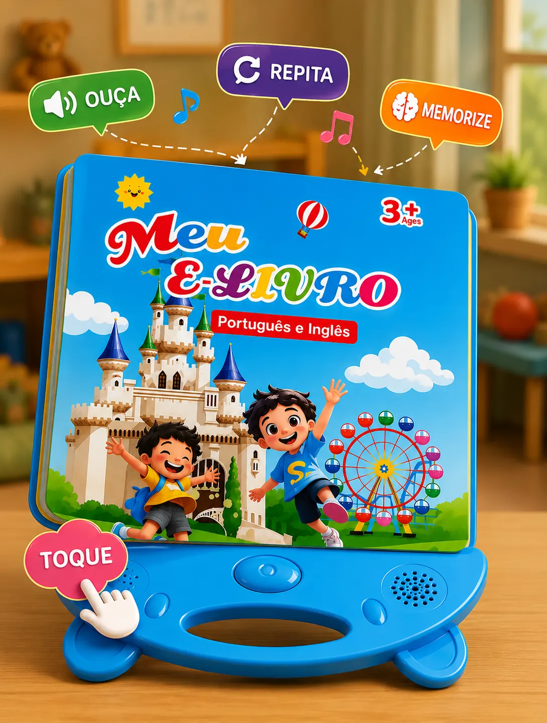 Criança tocando as páginas do Livro Sonoro Bilíngue